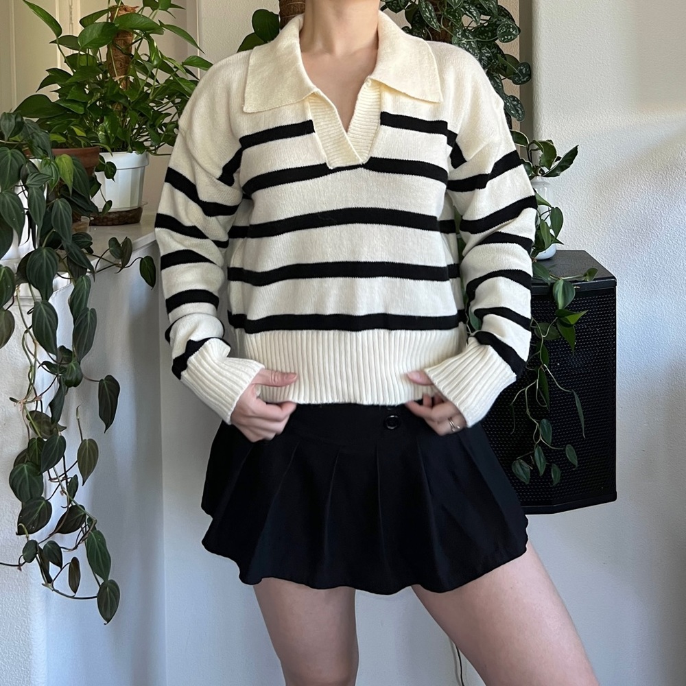 🤍Cream Black Striped V Neck Long Sleeve Sweater Top🤍